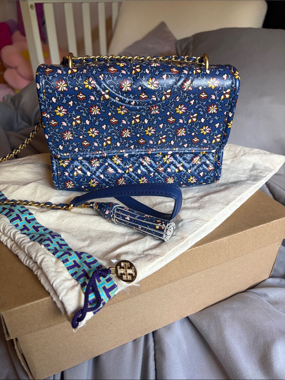 Tory Burch Navy Floral Quilted Chain Crossbody
